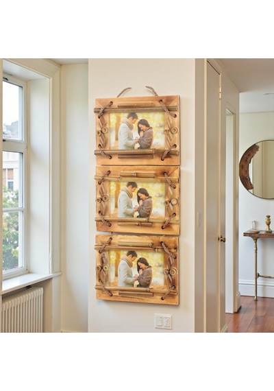 El Yapımı Doğal Ahşap 3 Lü Bambu Bamboo Fotoğraf Çerçevesi Dekoratif Ev Ofis Hediyesi Duvar Süsü -10