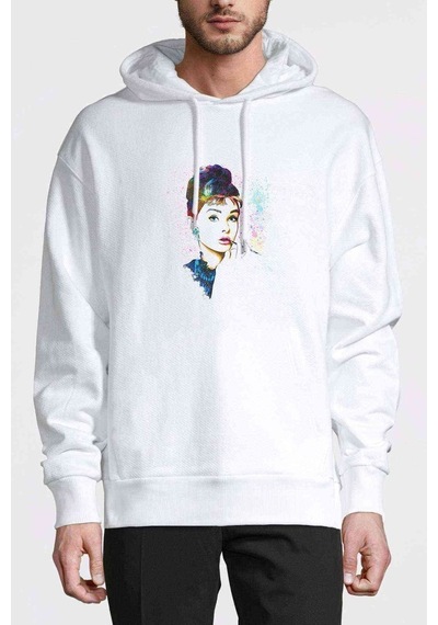 Audrey Hepburn Baskılı Beyaz Erkek Örme Kapşonlu Sweatshirt