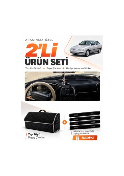 Lada Vega 1995-2007 Uyumlu Torpido Örtüsü + Tay Tüyü Bagaj Çantası + Sticker Seti - Siyah Gri