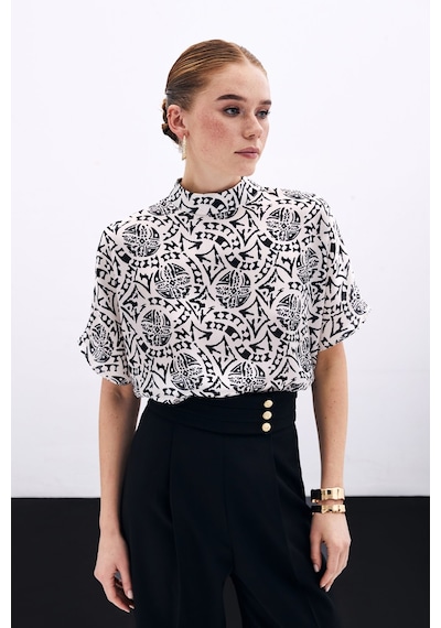 Sateen Kısa Kol Desenli Bluz - Ekru-135900 Ekru