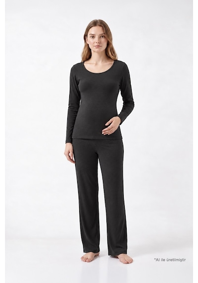 Cottonill Premium - Serene Collection Antrasit Yüksek Bel Bol Paça Rib Dokulu Viskon Hamile Pijama Takımı