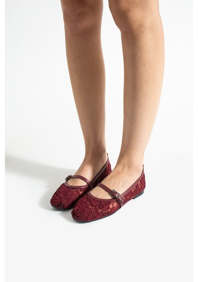 Dabab Shoes Merına Kadın Bordo Düz Babet Dantel Dokuma Çiçek Desenli Tokalı Düz Ayakkabı