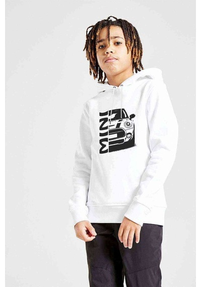 Tshirthane Araba Minibaskılı Unisex Çocuk Kapüşonlu Beyaz Sweatshirt