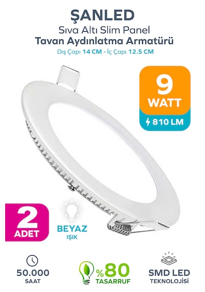 9w Tasarruflu Led Yuvarlak Beyaz Işık Sıva Altı Slim Panel 2 Adettir