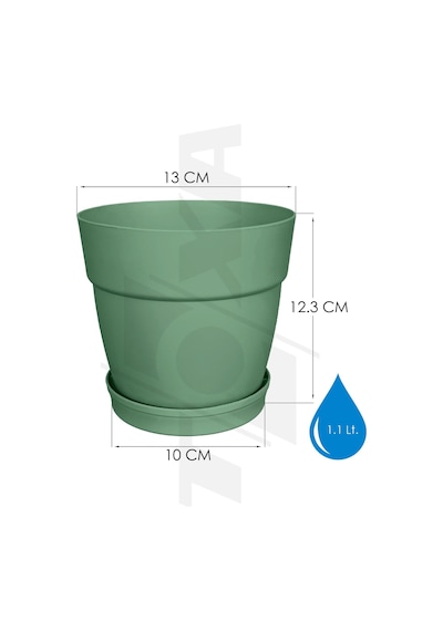 Tabaklı Delikli Plastik Çiçek Saksısı, 13 Cm 1.1 Lt, 1 Adet, Yeşil Diğer