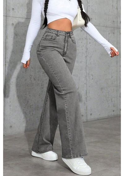 Füme Palazzo Pantolon Wide Leg Yüksek Bel Denim Jeans Füme