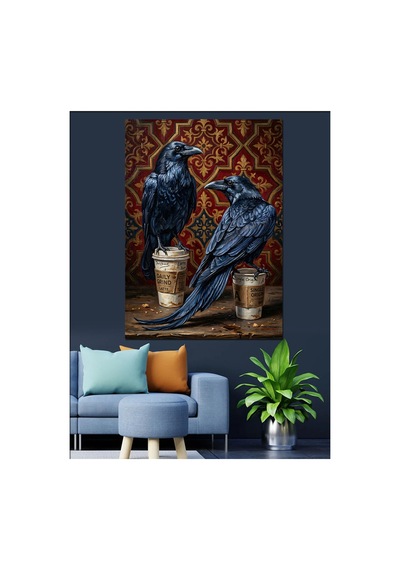 İki Siyah Kuzgun Ve Desenler Yağlı Boya Dokulu Kanvas Tablo Canvas Tablosu