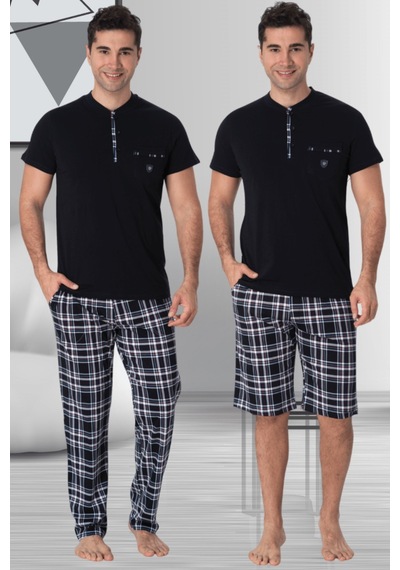 Mecit Pijama Mecit 2901 Lacivert Ekoseli Büyük Beden Erkek 3'lü Pijama Takımı 001