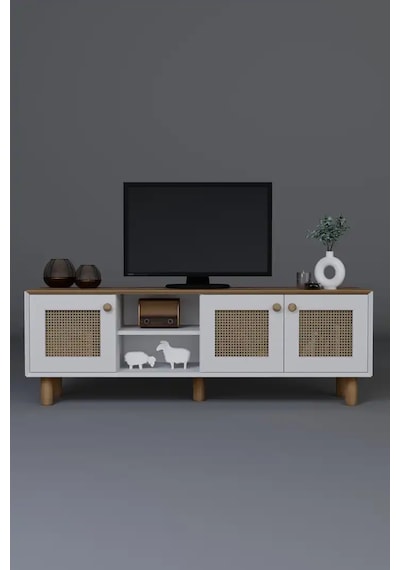 Bohem Serisi Garden Meşe - Beyaz Pvc Hasır Desen Tv Ünitesi Açık Ceviz & Beyaz