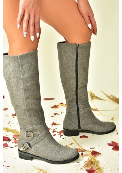 Fox Shoes Gri Süet Kısa Topuklu Kadın Çizme E726203402 Gri