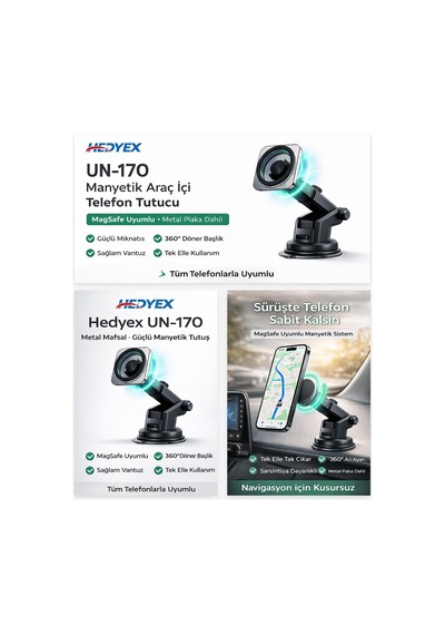 Hedyex Un-170 Araç İçi Telefon Tutucu Vantuzlu Mıknatıslı Cam Ve Torpido Uyumlu
