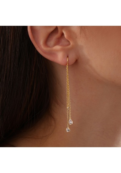Queen Silver Jewelry 925 Ayar Gümüş 3 Boy Zirkon Taş Sallantılı Küpe Altın