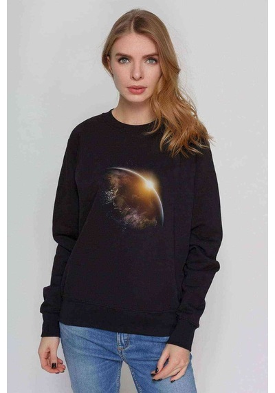 Dünya World Baskılı Siyah Kadın Sweashirt