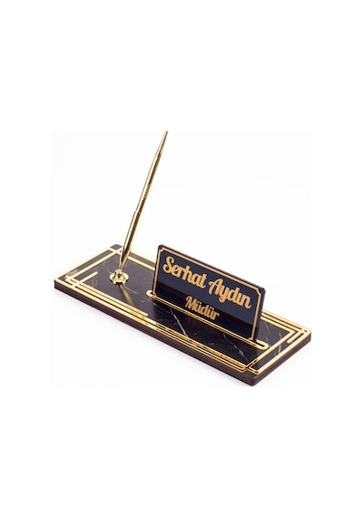 Space Gold Kalemli Ahşap Masa İsimliği Mermer Desenli Hediye Ofis Dekoratif Masa Üstü İsimlik