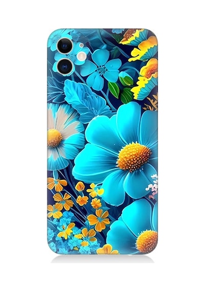 Apple Uyumlu iPhone 12 Silikon Kılıf Mavi Sarı Çiçekler