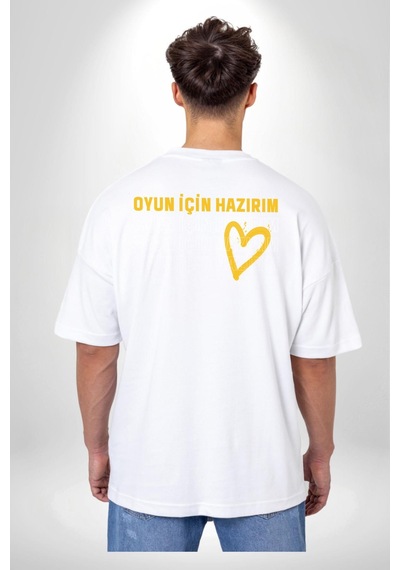 Oyun İçin Hazırım Kalp Beyaz Oversize Unisex Ön Ve Sırt Baskılı Tişört Beyaz