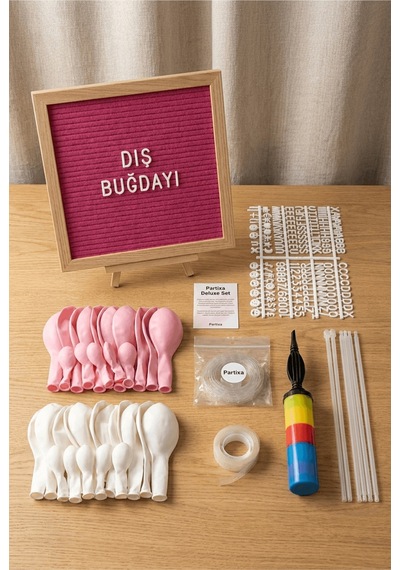 Diş Buğdayı Süsleme Deluxe Set Kız Pembe Keçe Yazı Panosu Standlı Pompa Balon Zincirli 7 Li Balon Standlı Çocuk