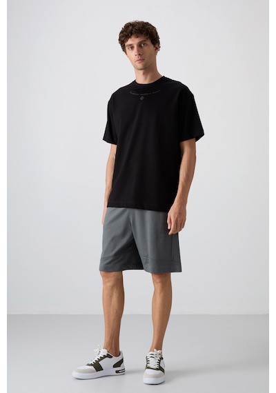 Tommy Life Siyah Pamuklu Kalın Yumuşak Dokulu Oversize Fit Baskılı Erkek T-shirt - 88343 Siyah