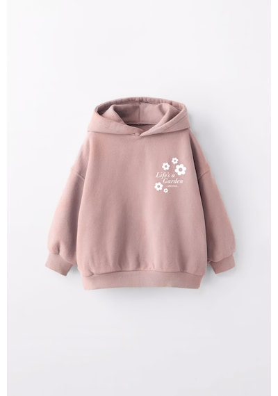 Kız Çocuk Lifes Garden Baskılı Kapüşonlu Manşetli Sweatshirt Pudra