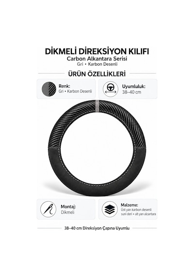 Trobus Dacia Spring 2021-2025 Uyumlu Dikmeli Direksiyon Kılıfı Carbon Alkantara Karbon Desenli Gri