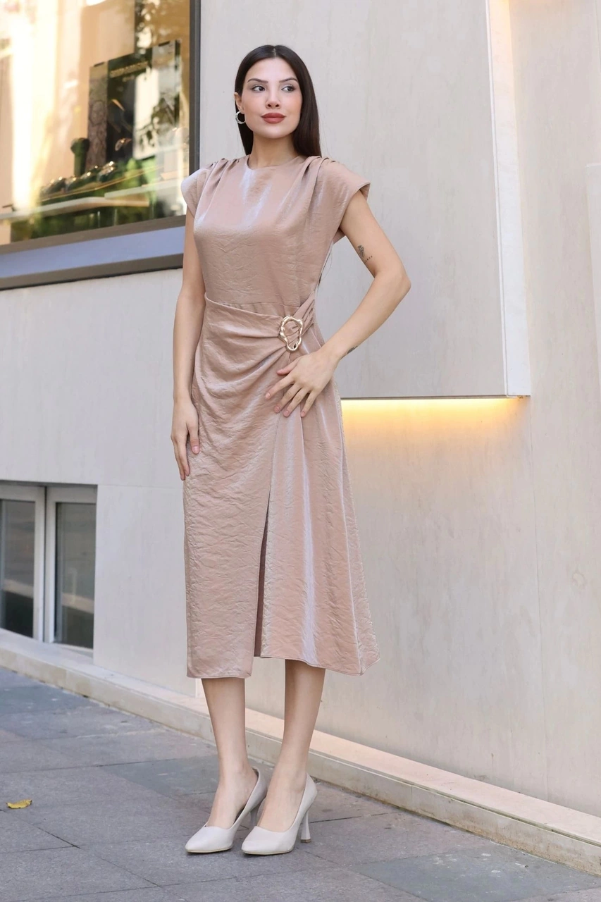 Lodmela Toka Ve Drape Detaylı Soft Saten Midi Elbise 6042-bej Bej