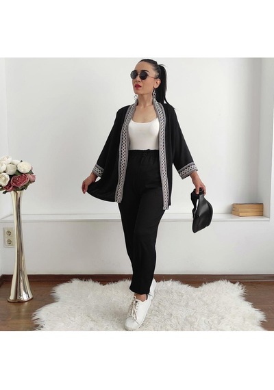 İpli Dar Nakışlı Kimono Takımı Siyah