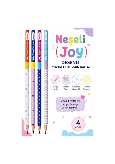 Neşeli Joy Kurşun Kalem 4 Adet Faber Castell Yuvarlak Gövdeli Siyah Kurşun Kalem Yumuşak Yazım Kolay Tutuş Kaliteli Çok Renkli