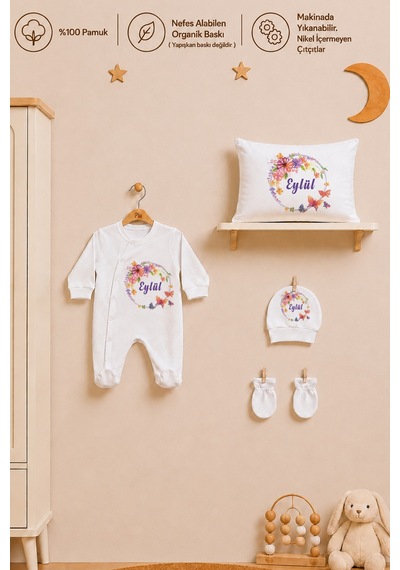 Pia Baby Kız Bebek İsimli %100 Pamuk Hastane Çıkışı 6 Parça Tulum Şapka Eldiven Hediye Seti 2058tybk0x Krem