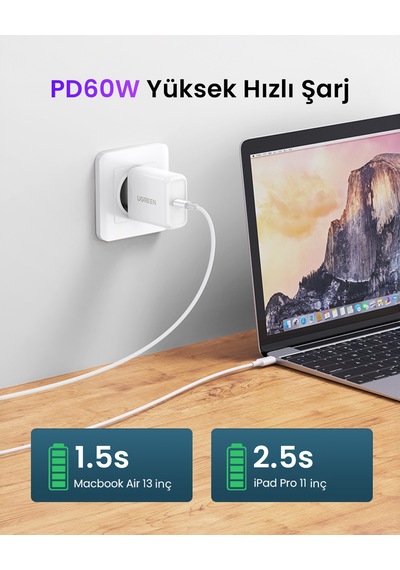 Ugreen Usb-c 60w 3a Qc Pd Hızlı Şarj Kablosu, 0.5 Metre, Beyaz, 60517 -