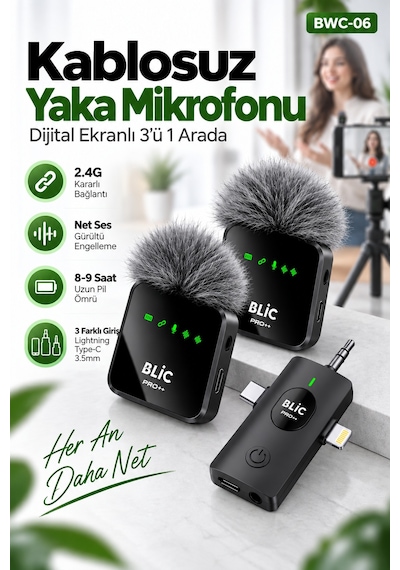 Blic Pro++ Bwc-06 3'ü 1 Arada 2.4g Kablosuz Çift Yaka Mikrofonu Dijital Ekranlı, Type-c / Lightnin