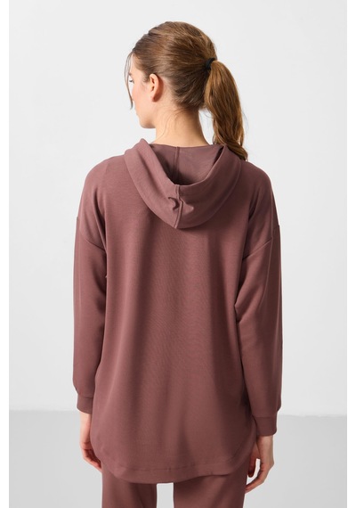 Tommylıfe Kahverengi Yumuşak Dokulu Kapüşonlu Oversize Kadın Tunik Sweatshirt - 97302
