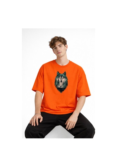 Misa Tahtakale Wolf - Oversize Erkek Tişört Turuncu Çok Renkli