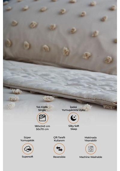 Evlen Home Pamuklu Emmy Yatak Örtüsü Seti Günlük Tek Kişilik Boho 2 Parça Dolgulu Tufting Bej Bej