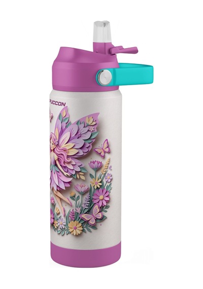 Puccon 540 Ml Sevimli Peri Kız Baskılı Mor Kız Çocuk Pipetli Çelik Termos Matara/suluk - 60059