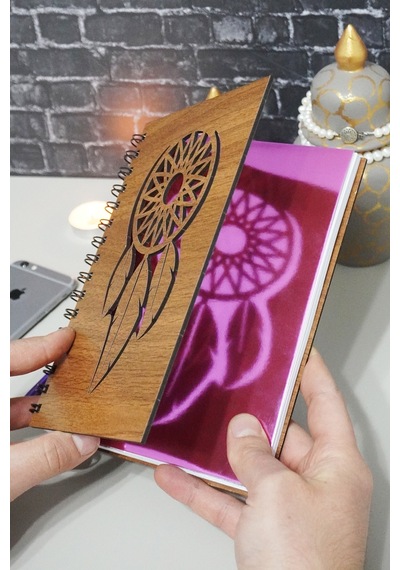Rüya Kapanı Desenli Ahşap Defter - Resim Defteri - Günlük - Çizgisiz Defter Ahşap Rengi Ceviz