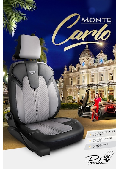 Gri - Siyah Panda Monte Carlo Serisi Velor Kadife Kumaş Oto Koltuk Kılıfı - Tam Set