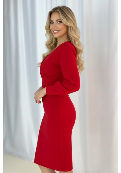 Defymoda Kadın Klasik Kesim Manşetli Elbise Kırmızı