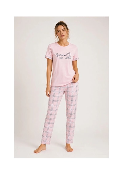 Ertaş Trend Sore Kadın Pamuklu Penye Summer Baskılı Kısa Kollu Pijama Takımı Ekose Desenli - Pembe Birden Fazla