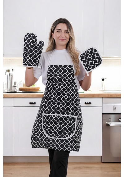Trendy Membranlı 3lü Set Sıvı Geçirmez Su Geçirmez Mutfak Önlüğü Çeyiz Seti 1 Eldiven 1 Tutacak Siyah Halkalı