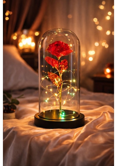Sevgiliye Özel Günlere Dekoratif Hediye Fanus İçinde Solmayan Led Işıklı Hologram Sonsuz Gül Kırmızı Çok Renkli