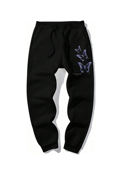 Tarzsokak Hypemode Butterfly & Slogan Graphic Drawstring Waist Eşofman Altı Siyah