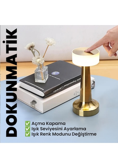Upway Ayarlanabilir Led Işıklı Dokunmatik Şarjlı Dekoratif Modern Masa Lambası Altın