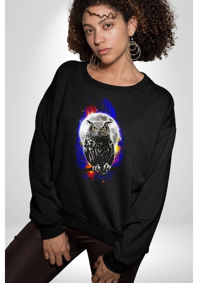 Baykuş Ay Gece Uğur Unisex Siyah Sweatshirt Siyah