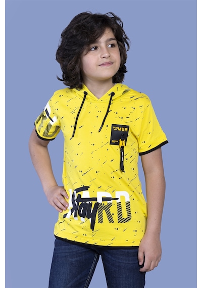 Toontoy Kids Toontoy Erkek Çocuk Kapüşonu File Detaylı Armalı Tişört Sarı