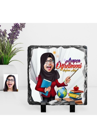 Kişiye Özel Tesettürlü Bayan Öğretmen Karikatürlü Dekoratif Doğal Taş - 1