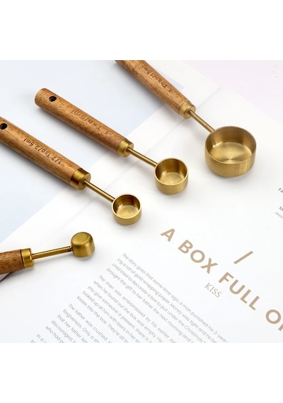 Qerhome Küçük 4'lü Ahşap Saplı Gold Lüks Ölçü Kaşığı - Baharat Kaşığı Seti Altın