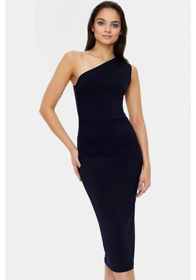 Ersefa Bodycon Midi Elbise Kolsuz Tek Omuz Örme Kumaş Günlük Şık Dayanık Lacivert