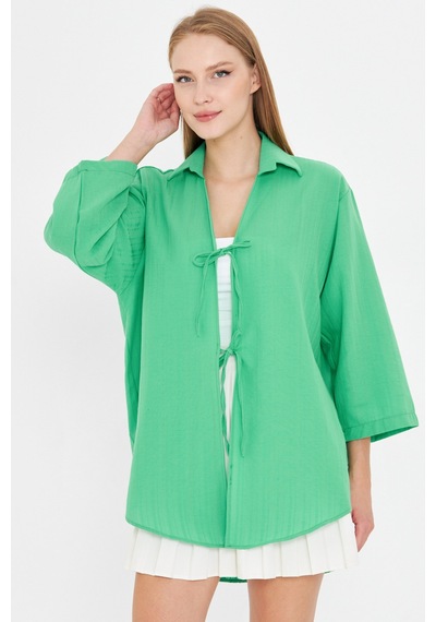 Armonika Kadın Açık Yeşil Gömlek Yakalı Önden Bağcıklı Kimono Gömlek Arm-25k001006