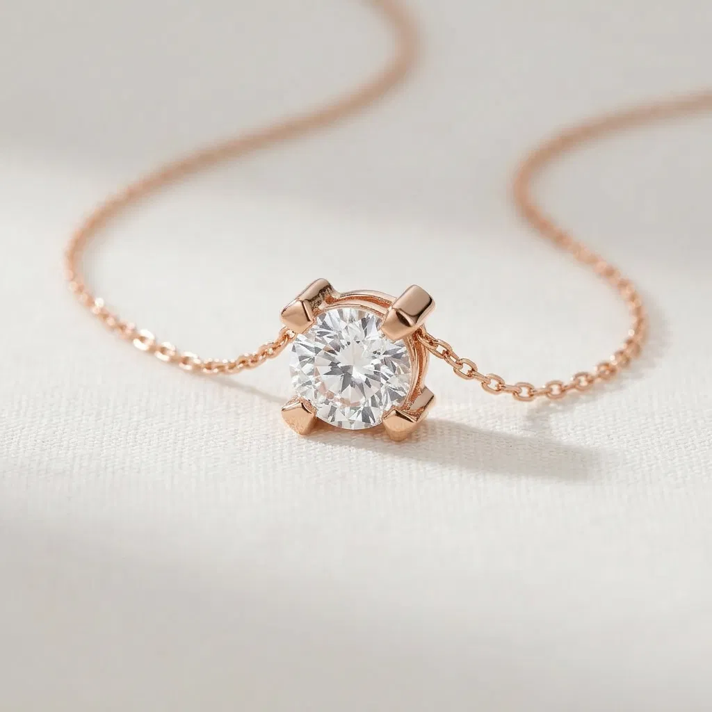 925 Ayar Gümüş Tektaş Zirkon Taşlı Rose Gold Kadın Kolye