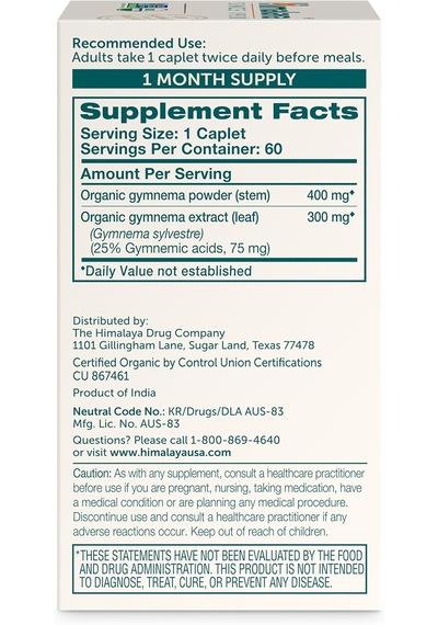 Himalaya Organic Gymnema Sylvestre Herbal Glucose Support 700 Mg, 60 Caplets Aromasız